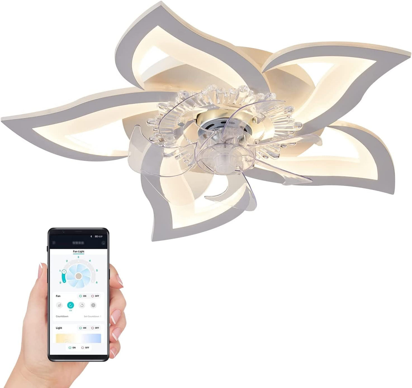 27In Low Profile Ceiling Fans with Lights,White Modern Dimmable Flower Shape,6 Speeds 3 Light Color Flush Mount Ceiling Fan with Remote Control/App Control for Bedroom Children's Room Dining Room
