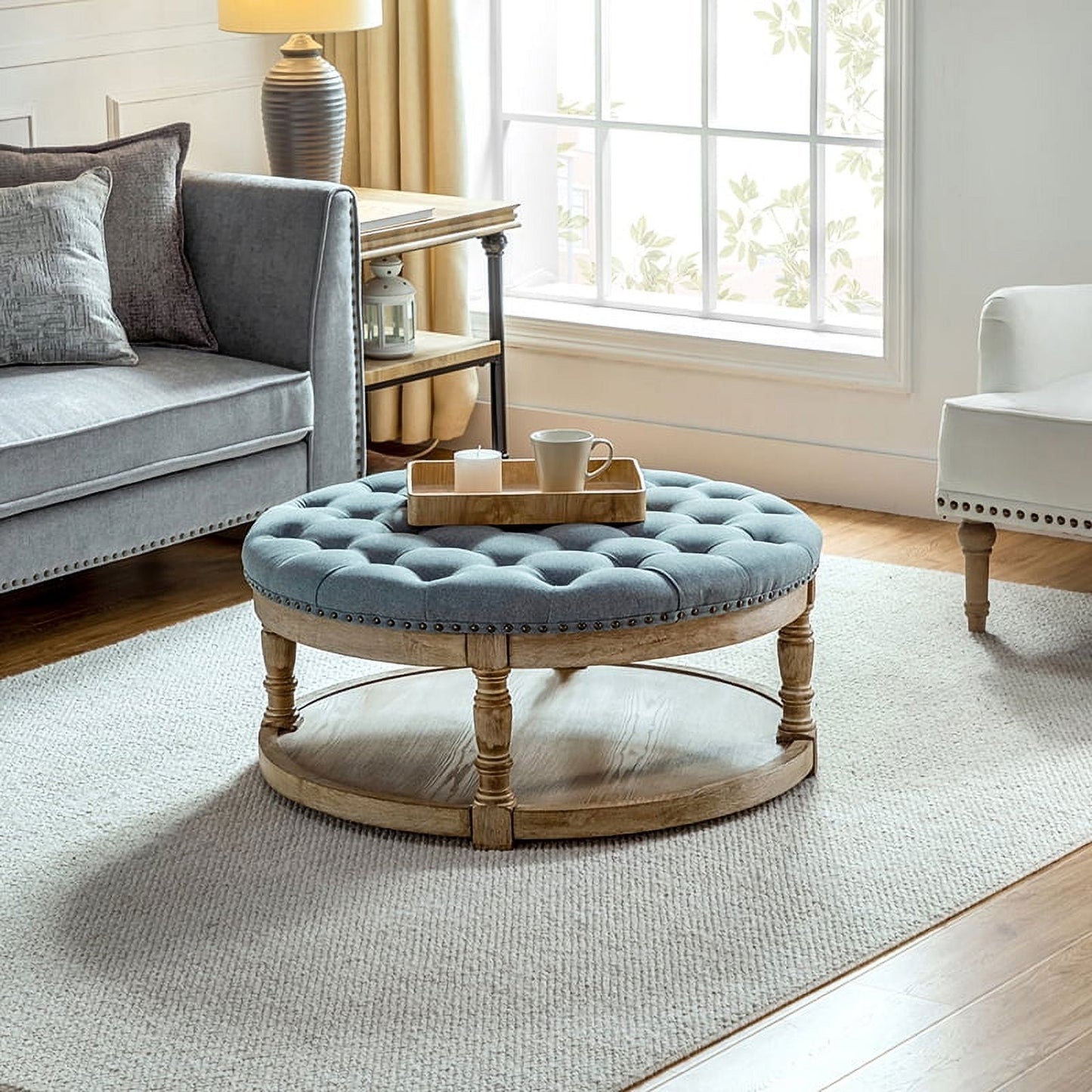 35.5'' Wide Tufted Round Cocktail Ottoman with Storage Wood Legs Home Living Room Blue