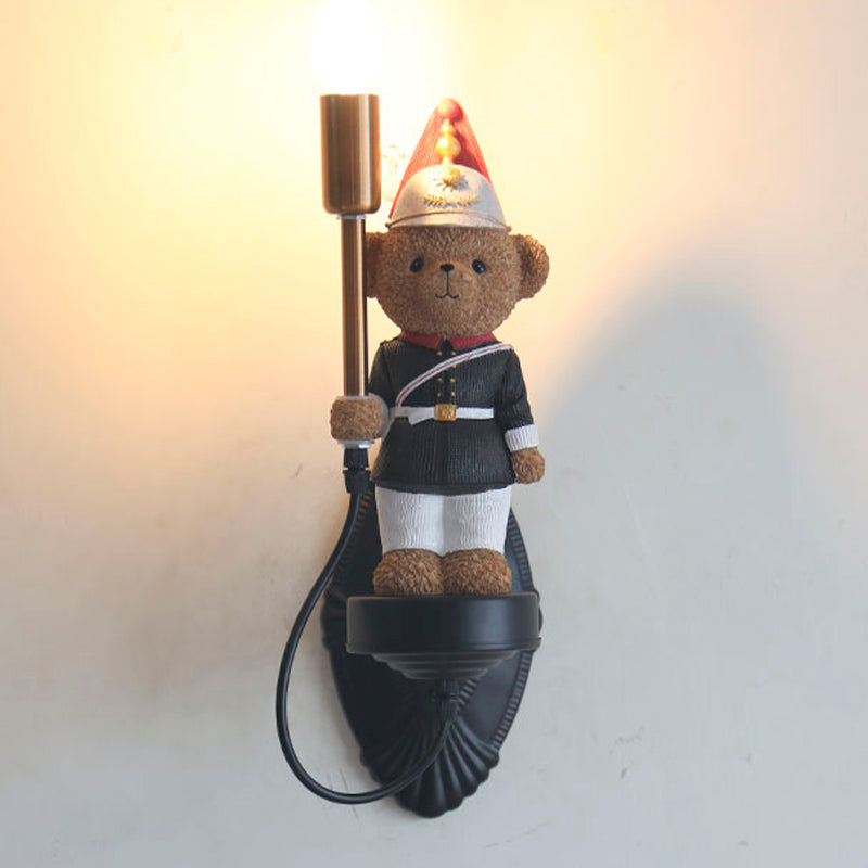 Wall-Mounted Teddy Bear Wall Lamp in Black Uniform