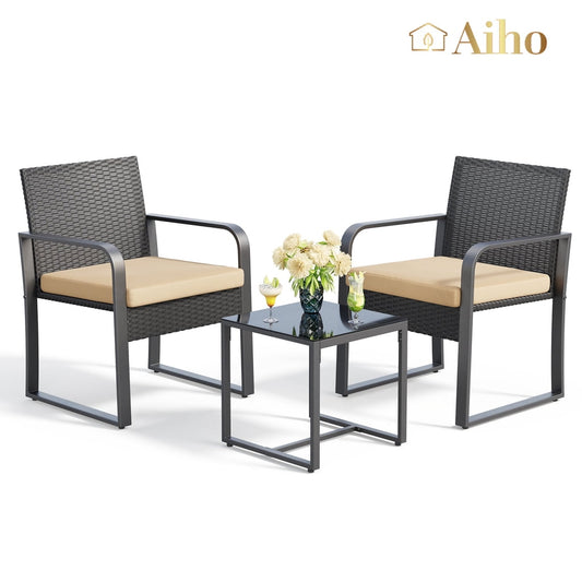 4 Piece Patio Bistro Set, Outdoor Furniture Chair Set with Glass Table, Black